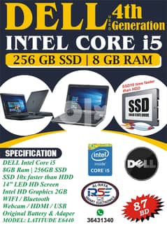 DELL Core i5 4th Generation Laptop 14" Screen 256GB SSD Ram 8GB DVD+RW 0